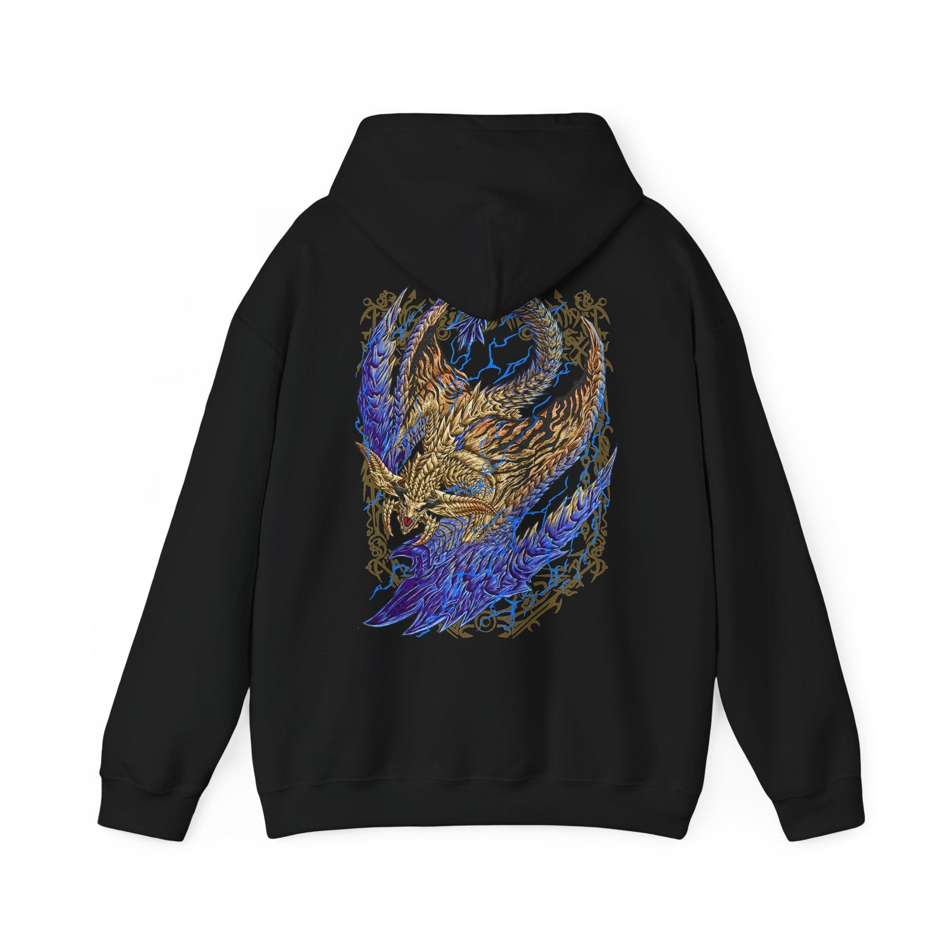 Image 5 of a Hooded Sweatshirt of Rey Dau perched atop towering desert cliffs, its gleaming golden scales illuminated by constant flashes of lightning while fierce winds whip sand across the barren landscape. Electrical energy courses through its massive wings as storm clouds gather overhead. The composition emphasizes regal dominance, elemental fury, and the breathtaking presence of Monster Hunter Wilds' iconic flagship flying wyvern.