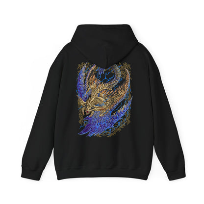 Image 5 of a Hooded Sweatshirt of Rey Dau perched atop towering desert cliffs, its gleaming golden scales illuminated by constant flashes of lightning while fierce winds whip sand across the barren landscape. Electrical energy courses through its massive wings as storm clouds gather overhead. The composition emphasizes regal dominance, elemental fury, and the breathtaking presence of Monster Hunter Wilds' iconic flagship flying wyvern.
