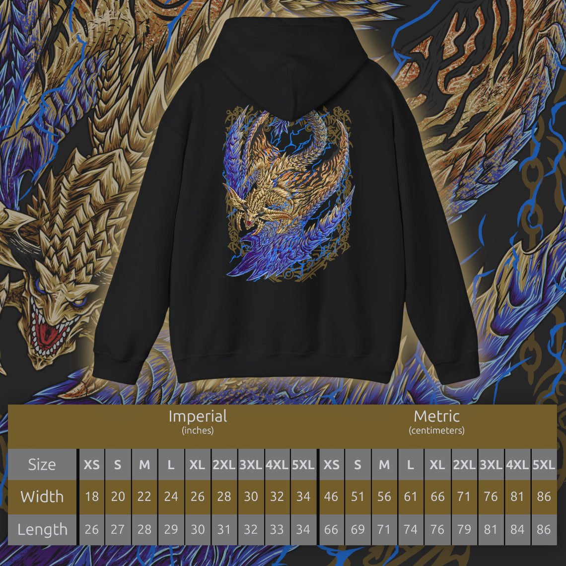 Size chart of a Hooded Sweatshirt of Rey Dau perched atop towering desert cliffs, its gleaming golden scales illuminated by constant flashes of lightning while fierce winds whip sand across the barren landscape. Electrical energy courses through its massive wings as storm clouds gather overhead. The composition emphasizes regal dominance, elemental fury, and the breathtaking presence of Monster Hunter Wilds' iconic flagship flying wyvern.