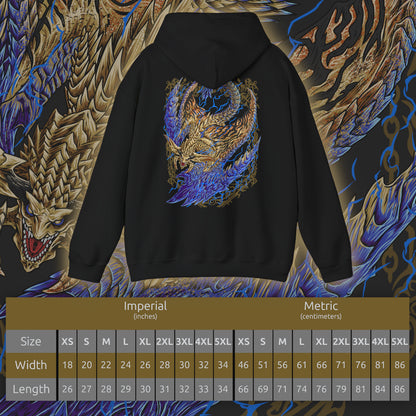 Size chart of a Hooded Sweatshirt of Rey Dau perched atop towering desert cliffs, its gleaming golden scales illuminated by constant flashes of lightning while fierce winds whip sand across the barren landscape. Electrical energy courses through its massive wings as storm clouds gather overhead. The composition emphasizes regal dominance, elemental fury, and the breathtaking presence of Monster Hunter Wilds' iconic flagship flying wyvern.