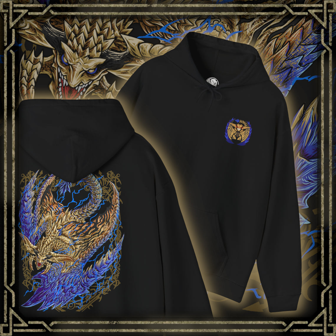 Thumbnail of a Hooded Sweatshirt of Rey Dau perched atop towering desert cliffs, its gleaming golden scales illuminated by constant flashes of lightning while fierce winds whip sand across the barren landscape. Electrical energy courses through its massive wings as storm clouds gather overhead. The composition emphasizes regal dominance, elemental fury, and the breathtaking presence of Monster Hunter Wilds' iconic flagship flying wyvern.