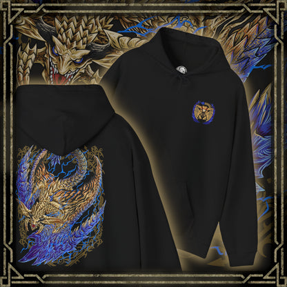 Thumbnail of a Hooded Sweatshirt of Rey Dau perched atop towering desert cliffs, its gleaming golden scales illuminated by constant flashes of lightning while fierce winds whip sand across the barren landscape. Electrical energy courses through its massive wings as storm clouds gather overhead. The composition emphasizes regal dominance, elemental fury, and the breathtaking presence of Monster Hunter Wilds' iconic flagship flying wyvern.
