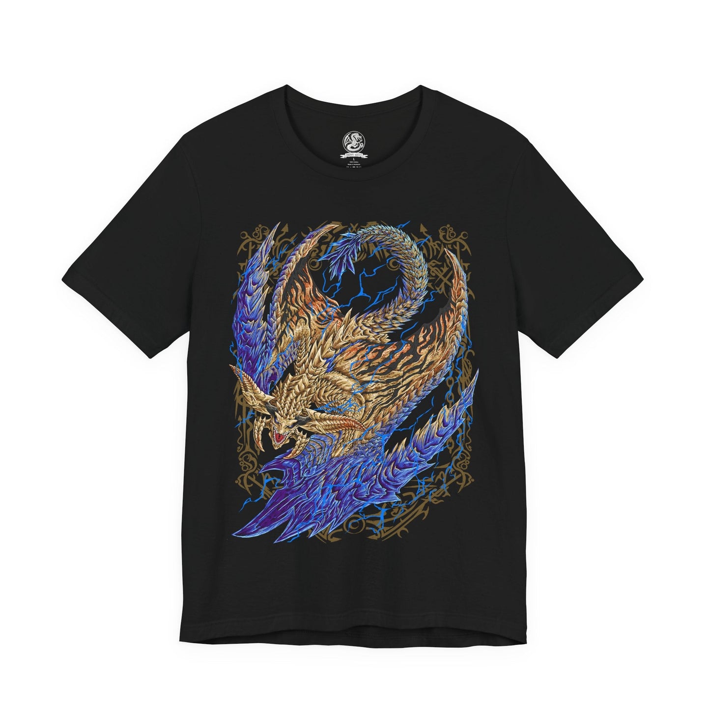 Image 4 of a T-Shirt design of Rey Dau from Monster Hunter Wilds, soaring above the Windward Plains as golden lightning crackles across its radiant scales and wing-like appendages. Violent sandstorms swirl beneath the flying wyvern while thunder tears through the desert sky. The design captures Rey Dau's mastery over lightning, its dominance of the storm, and its status as the apex predator of the vast Forbidden Lands.