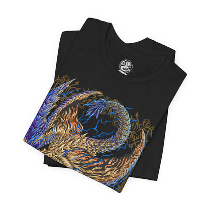 Image 5 of a T-Shirt design of Rey Dau from Monster Hunter Wilds, soaring above the Windward Plains as golden lightning crackles across its radiant scales and wing-like appendages. Violent sandstorms swirl beneath the flying wyvern while thunder tears through the desert sky. The design captures Rey Dau's mastery over lightning, its dominance of the storm, and its status as the apex predator of the vast Forbidden Lands.