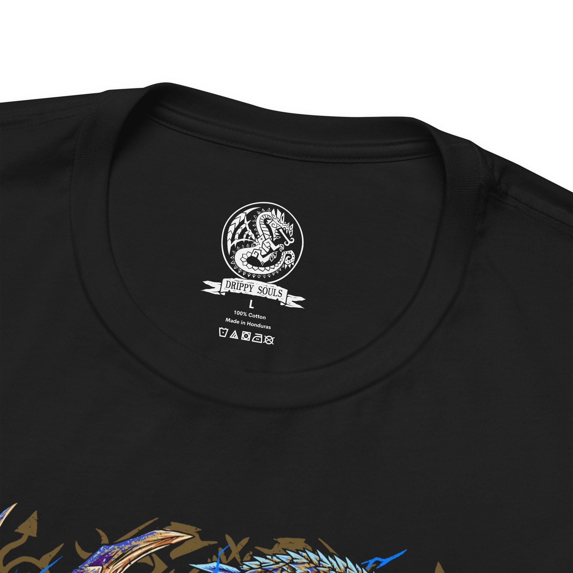 Folded T-Shirt design of Rey Dau from Monster Hunter Wilds, soaring above the Windward Plains as golden lightning crackles across its radiant scales and wing-like appendages. Violent sandstorms swirl beneath the flying wyvern while thunder tears through the desert sky. The design captures Rey Dau's mastery over lightning, its dominance of the storm, and its status as the apex predator of the vast Forbidden Lands.