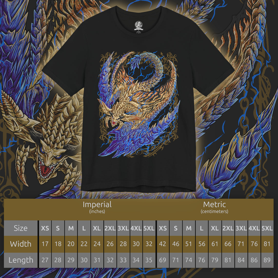 Size chart of a T-Shirt design of Rey Dau from Monster Hunter Wilds, soaring above the Windward Plains as golden lightning crackles across its radiant scales and wing-like appendages. Violent sandstorms swirl beneath the flying wyvern while thunder tears through the desert sky. The design captures Rey Dau's mastery over lightning, its dominance of the storm, and its status as the apex predator of the vast Forbidden Lands.