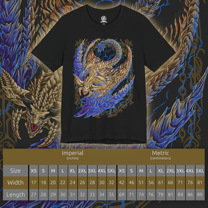 Size chart of a T-Shirt design of Rey Dau from Monster Hunter Wilds, soaring above the Windward Plains as golden lightning crackles across its radiant scales and wing-like appendages. Violent sandstorms swirl beneath the flying wyvern while thunder tears through the desert sky. The design captures Rey Dau's mastery over lightning, its dominance of the storm, and its status as the apex predator of the vast Forbidden Lands.