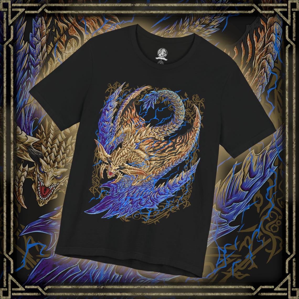 Thumbnail of a T-Shirt design of Rey Dau from Monster Hunter Wilds, soaring above the Windward Plains as golden lightning crackles across its radiant scales and wing-like appendages. Violent sandstorms swirl beneath the flying wyvern while thunder tears through the desert sky. The design captures Rey Dau's mastery over lightning, its dominance of the storm, and its status as the apex predator of the vast Forbidden Lands.