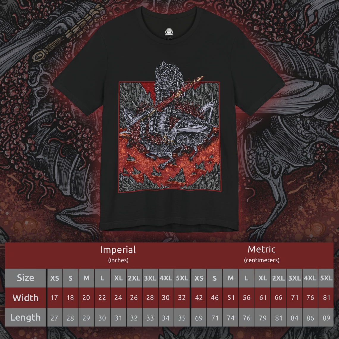 Size chart of a T-shirt featuring Rykard, Lord of Blasphemy from Elden Ring, the grotesque demigod who fused with the God-Devouring Serpent to defy the Erdtree. Once a noble Shardbearer, Rykard chose immortality through blasphemy, becoming a writhing mass of flame, serpents, and rebellion. This design captures his monstrous form and volcanic domain.