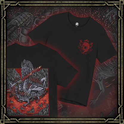 Thumbnail of a T-shirt featuring Rykard, Lord of Blasphemy from Elden Ring, the grotesque demigod who fused with the God-Devouring Serpent to defy the Erdtree. Once a noble Shardbearer, Rykard chose immortality through blasphemy, becoming a writhing mass of flame, serpents, and rebellion. This design captures his monstrous form and volcanic domain.