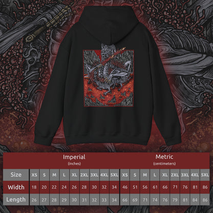 Size chart of a Hooded Sweatshirt showcasing Rykard, Lord of Blasphemy from Elden Ring, the defiant ruler of Mt. Gelmir who chose chaos over grace. After merging with the God-Devouring Serpent, Rykard became an immortal abomination, vowing to devour the gods themselves. Wielding the great Serpent-Hunter weapon against his own followers, his tale is one of madness and ambition, perfectly represented in this fiery, hellish design.