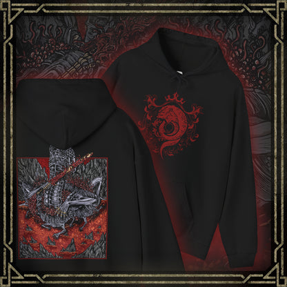 Thumbnail of a Hooded Sweatshirt showcasing Rykard, Lord of Blasphemy from Elden Ring, the defiant ruler of Mt. Gelmir who chose chaos over grace. After merging with the God-Devouring Serpent, Rykard became an immortal abomination, vowing to devour the gods themselves. Wielding the great Serpent-Hunter weapon against his own followers, his tale is one of madness and ambition, perfectly represented in this fiery, hellish design.