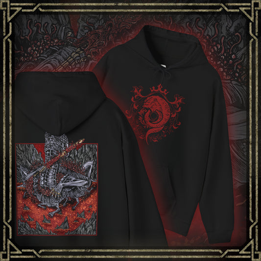 Thumbnail of a Hooded Sweatshirt showcasing Rykard, Lord of Blasphemy from Elden Ring, the defiant ruler of Mt. Gelmir who chose chaos over grace. After merging with the God-Devouring Serpent, Rykard became an immortal abomination, vowing to devour the gods themselves. Wielding the great Serpent-Hunter weapon against his own followers, his tale is one of madness and ambition, perfectly represented in this fiery, hellish design.