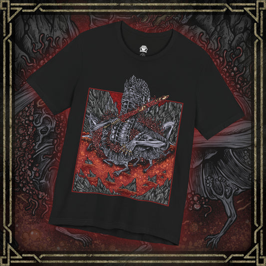 Thumbnail of a T-shirt featuring Rykard, Lord of Blasphemy from Elden Ring, the demigod who fused with the God-Devouring Serpent in defiance of the Erdtree. Twisted in form and mind, Rykard sacrificed his humanity for power, becoming a grotesque fusion of flesh, flame, and fangs. This design captures his monstrous visage coiled in molten ruin, symbolizing his rebellion against the divine and his descent into unspeakable heresy.