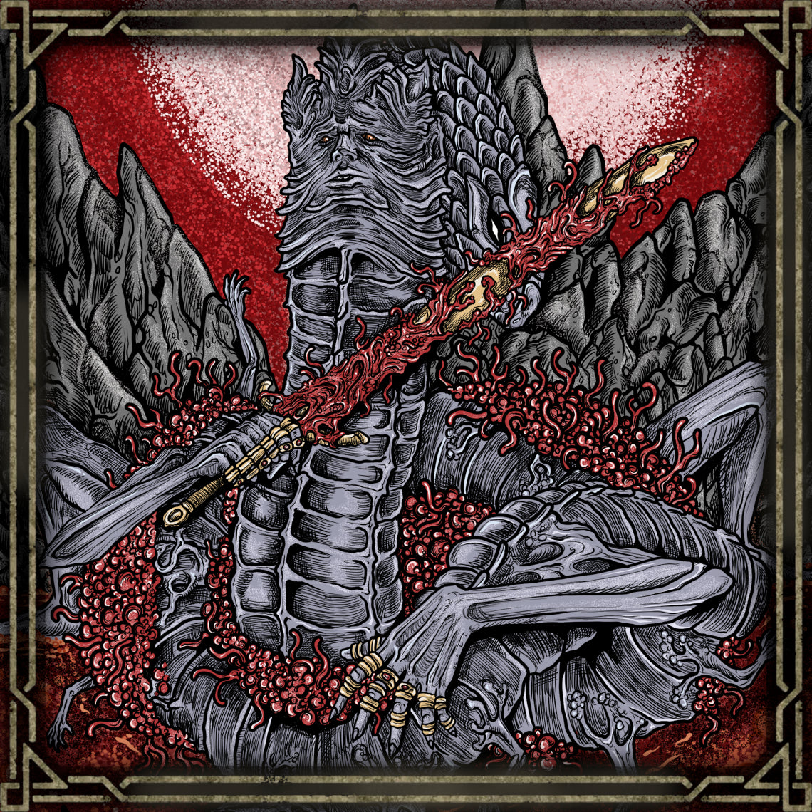 Wallpaper of Rykard Lord of Blasphemy Grim. Rykard, Lord of Blasphemy, is a former demigod who fused with the God-Devouring Serpent to defy the Erdtree’s order. Once a noble Tarnished, Rykard abandoned grace and embraced chaos, ruling Mt. Gelmir as a cult leader. His grotesque form and fiery rebellion embody the corruption of unchecked ambition.