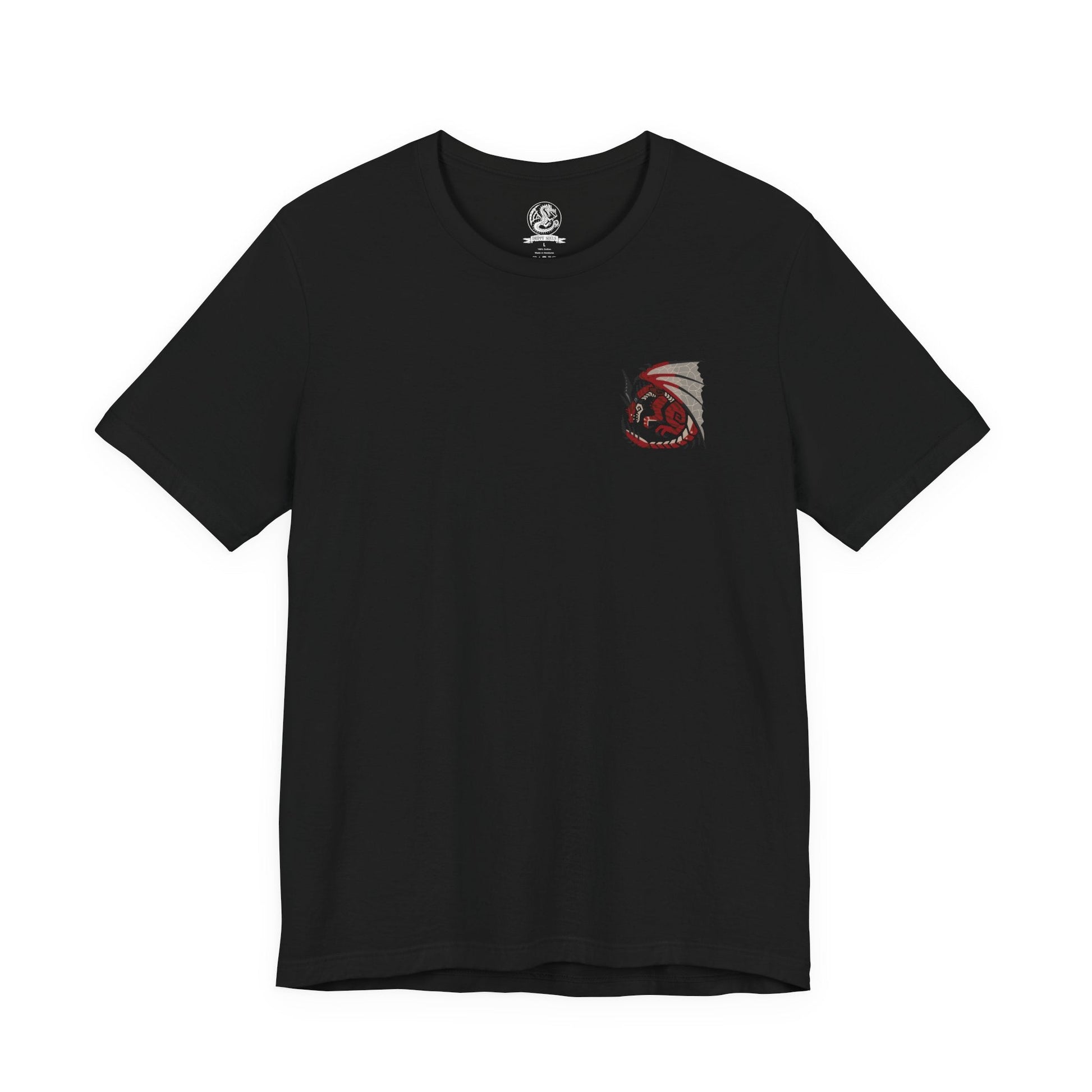 Image 4 of a T-Shirt artwork depicting Safi'jiiva standing majestically within the Secluded Valley as crimson energy radiates from its body and crystals illuminate the battlefield. The massive Elder Dragon spreads its wings while preparing a devastating elemental attack, surrounded by smoke, fire, and fragments of ancient rock. The design highlights Safi'jiiva's immense scale, regenerative power, and terrifying beauty.