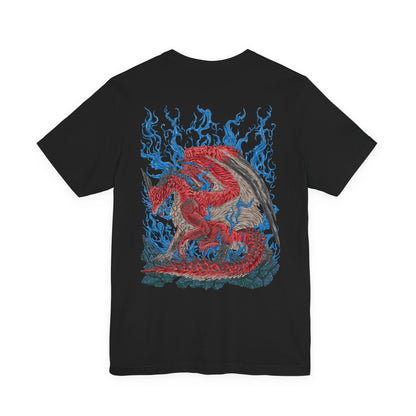Image 5 of a T-Shirt artwork depicting Safi'jiiva standing majestically within the Secluded Valley as crimson energy radiates from its body and crystals illuminate the battlefield. The massive Elder Dragon spreads its wings while preparing a devastating elemental attack, surrounded by smoke, fire, and fragments of ancient rock. The design highlights Safi'jiiva's immense scale, regenerative power, and terrifying beauty.