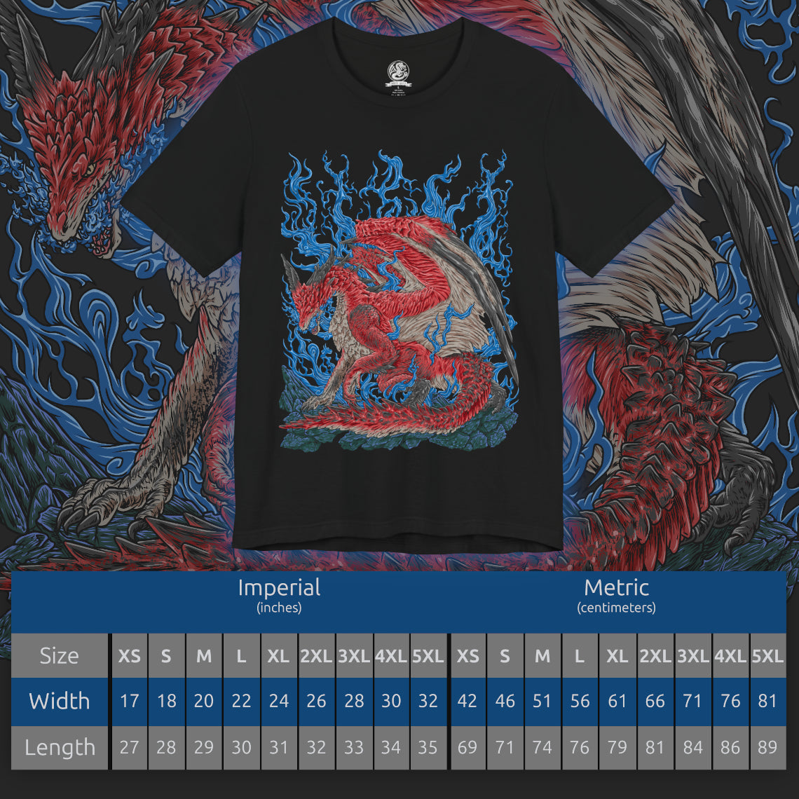 Size chart of a T-Shirt artwork depicting Safi'jiiva standing majestically within the Secluded Valley as crimson energy radiates from its body and crystals illuminate the battlefield. The massive Elder Dragon spreads its wings while preparing a devastating elemental attack, surrounded by smoke, fire, and fragments of ancient rock. The design highlights Safi'jiiva's immense scale, regenerative power, and terrifying beauty.