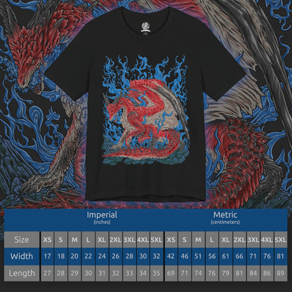 Size chart of a T-Shirt artwork depicting Safi'jiiva standing majestically within the Secluded Valley as crimson energy radiates from its body and crystals illuminate the battlefield. The massive Elder Dragon spreads its wings while preparing a devastating elemental attack, surrounded by smoke, fire, and fragments of ancient rock. The design highlights Safi'jiiva's immense scale, regenerative power, and terrifying beauty.