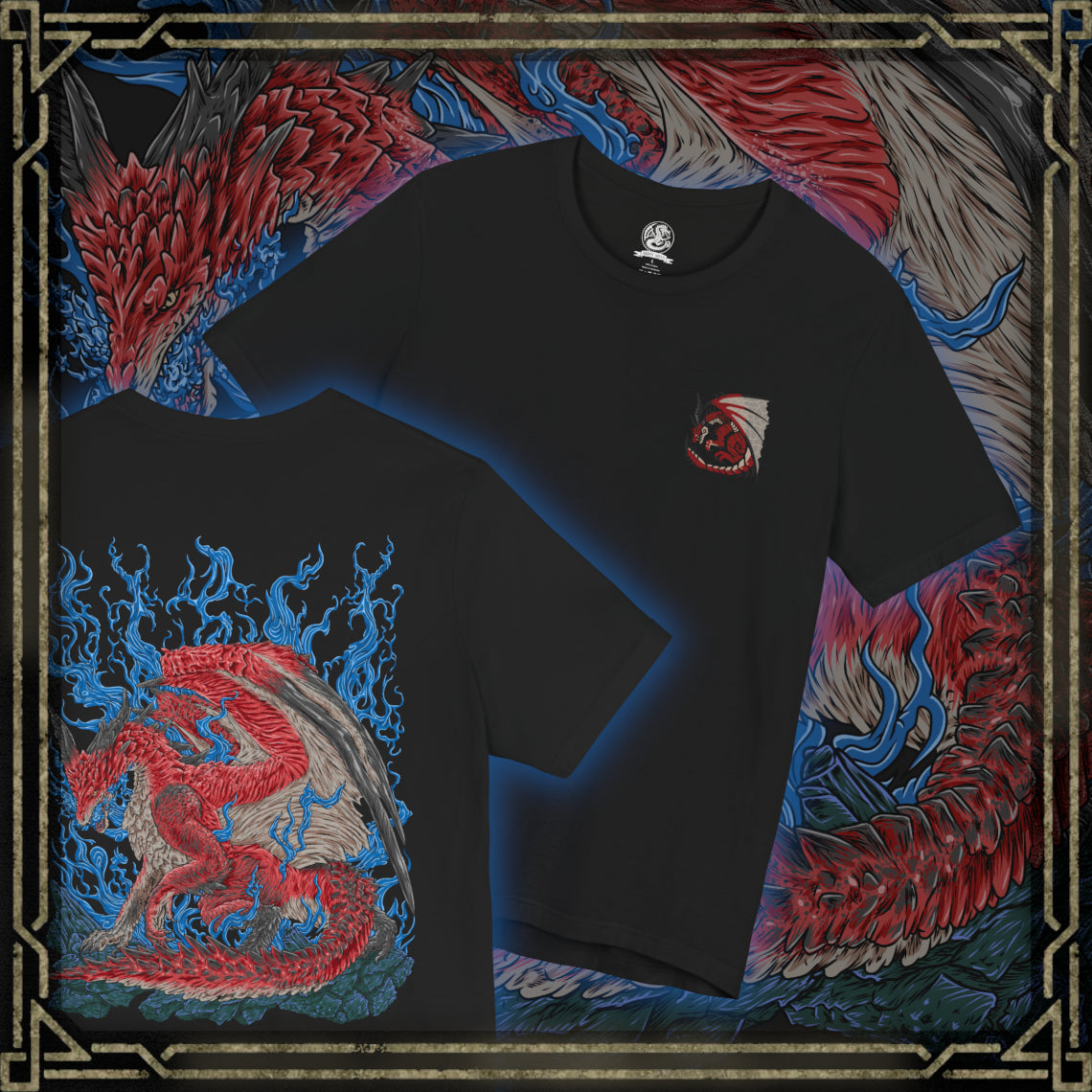 Thumbnail of a T-Shirt artwork depicting Safi'jiiva standing majestically within the Secluded Valley as crimson energy radiates from its body and crystals illuminate the battlefield. The massive Elder Dragon spreads its wings while preparing a devastating elemental attack, surrounded by smoke, fire, and fragments of ancient rock. The design highlights Safi'jiiva's immense scale, regenerative power, and terrifying beauty.