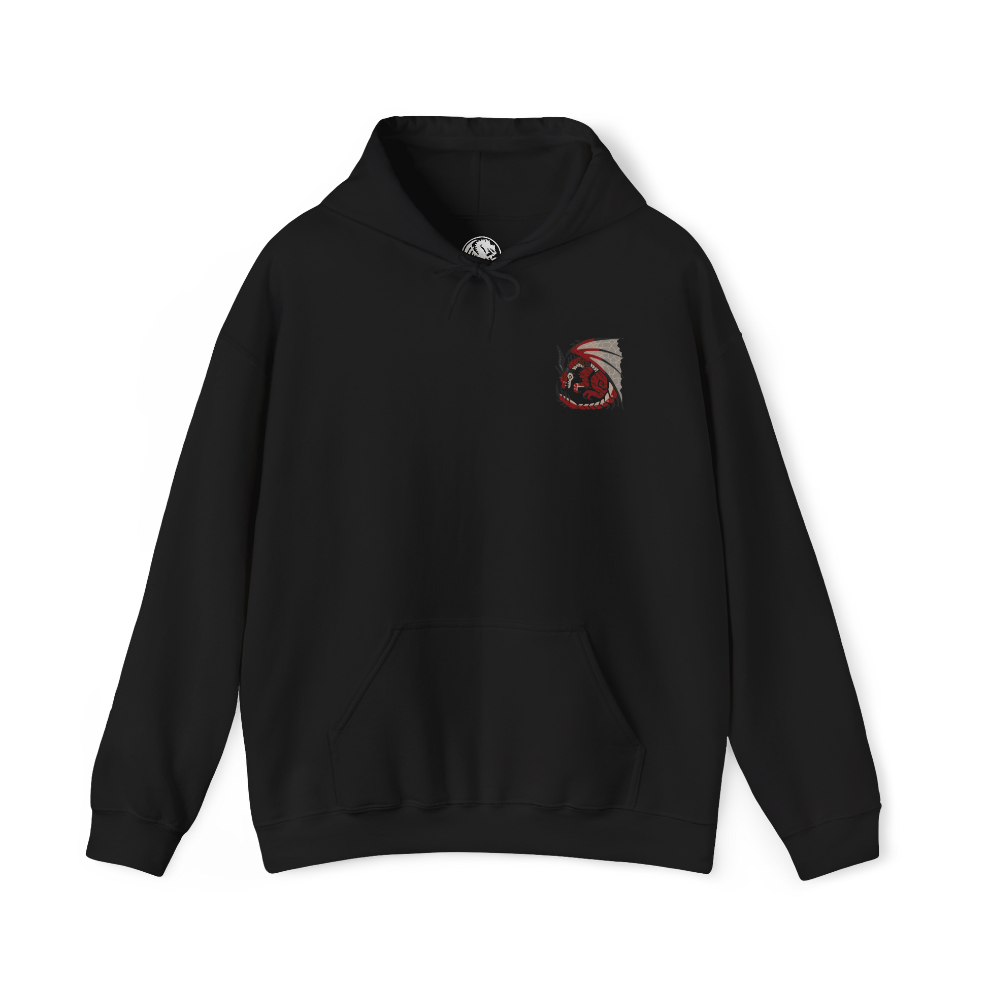 Image 4 of a Hooded Sweatshirt of Safi'jiiva dominating the Secluded Valley, its enormous crimson wings extended as brilliant energy flows through its scales and glowing crystals surround the battlefield. Fire and elemental power erupt from beneath the Elder Dragon while smoke fills the ancient cavern. The composition emphasizes Safi'jiiva's overwhelming size, destructive power, and majestic presence.