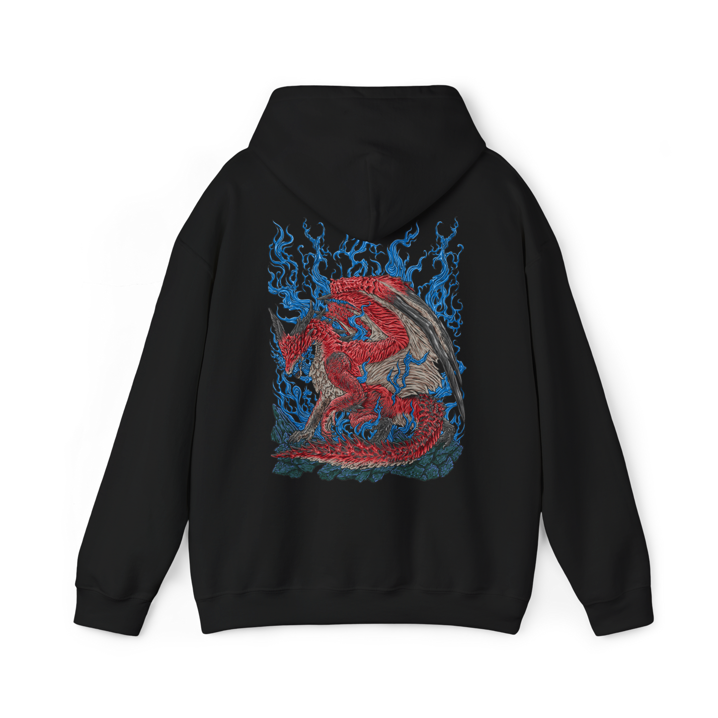 Image 5 of a Hooded Sweatshirt of Safi'jiiva dominating the Secluded Valley, its enormous crimson wings extended as brilliant energy flows through its scales and glowing crystals surround the battlefield. Fire and elemental power erupt from beneath the Elder Dragon while smoke fills the ancient cavern. The composition emphasizes Safi'jiiva's overwhelming size, destructive power, and majestic presence.