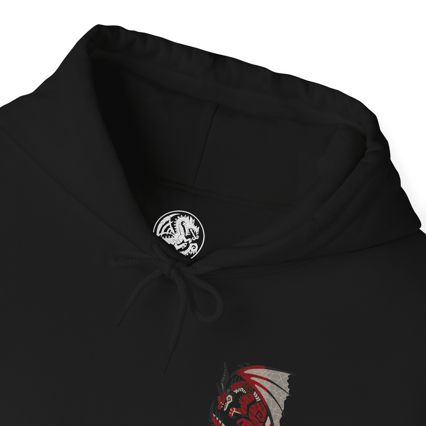 Folded Hooded Sweatshirt of Safi'jiiva dominating the Secluded Valley, its enormous crimson wings extended as brilliant energy flows through its scales and glowing crystals surround the battlefield. Fire and elemental power erupt from beneath the Elder Dragon while smoke fills the ancient cavern. The composition emphasizes Safi'jiiva's overwhelming size, destructive power, and majestic presence.