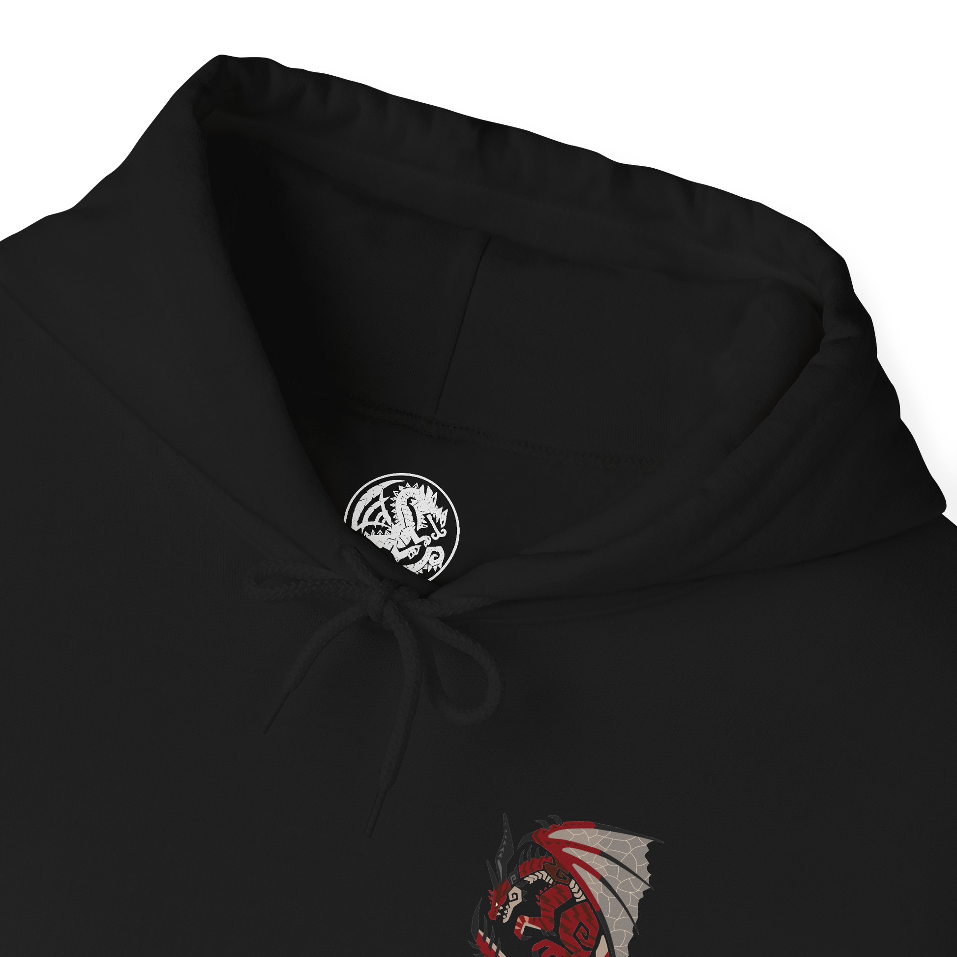 Folded Hooded Sweatshirt of Safi'jiiva dominating the Secluded Valley, its enormous crimson wings extended as brilliant energy flows through its scales and glowing crystals surround the battlefield. Fire and elemental power erupt from beneath the Elder Dragon while smoke fills the ancient cavern. The composition emphasizes Safi'jiiva's overwhelming size, destructive power, and majestic presence.
