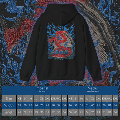 Size chart of a Hooded Sweatshirt of Safi'jiiva dominating the Secluded Valley, its enormous crimson wings extended as brilliant energy flows through its scales and glowing crystals surround the battlefield. Fire and elemental power erupt from beneath the Elder Dragon while smoke fills the ancient cavern. The composition emphasizes Safi'jiiva's overwhelming size, destructive power, and majestic presence.