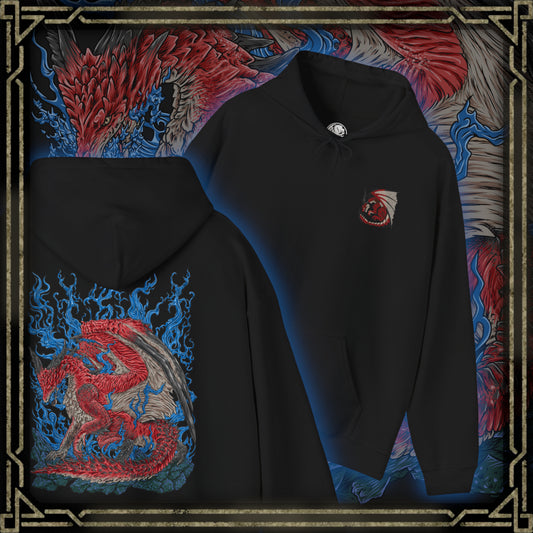 Thumbnail of a Hooded Sweatshirt of Safi'jiiva dominating the Secluded Valley, its enormous crimson wings extended as brilliant energy flows through its scales and glowing crystals surround the battlefield. Fire and elemental power erupt from beneath the Elder Dragon while smoke fills the ancient cavern. The composition emphasizes Safi'jiiva's overwhelming size, destructive power, and majestic presence.