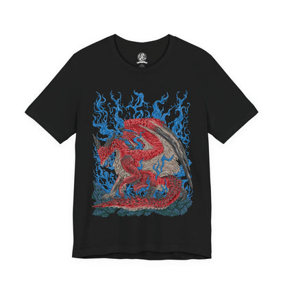 Image 4 of a T-Shirt design of Safi'jiiva from Monster Hunter World: Iceborne, the massive crimson Elder Dragon standing within the Secluded Valley surrounded by glowing crystals and intense red energy. Safi'jiiva spreads its enormous wings as flames and elemental power gather around its body. The design captures the dragon's overwhelming presence, ancient power, and status as one of the ultimate Elder Dragon hunts.