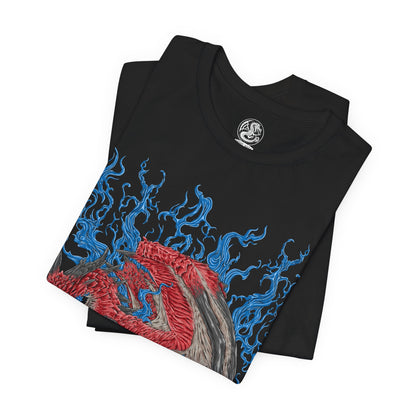 Image 5 of a T-Shirt design of Safi'jiiva from Monster Hunter World: Iceborne, the massive crimson Elder Dragon standing within the Secluded Valley surrounded by glowing crystals and intense red energy. Safi'jiiva spreads its enormous wings as flames and elemental power gather around its body. The design captures the dragon's overwhelming presence, ancient power, and status as one of the ultimate Elder Dragon hunts.