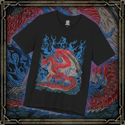 Thumbnail of a T-Shirt design of Safi'jiiva from Monster Hunter World: Iceborne, the massive crimson Elder Dragon standing within the Secluded Valley surrounded by glowing crystals and intense red energy. Safi'jiiva spreads its enormous wings as flames and elemental power gather around its body. The design captures the dragon's overwhelming presence, ancient power, and status as one of the ultimate Elder Dragon hunts.