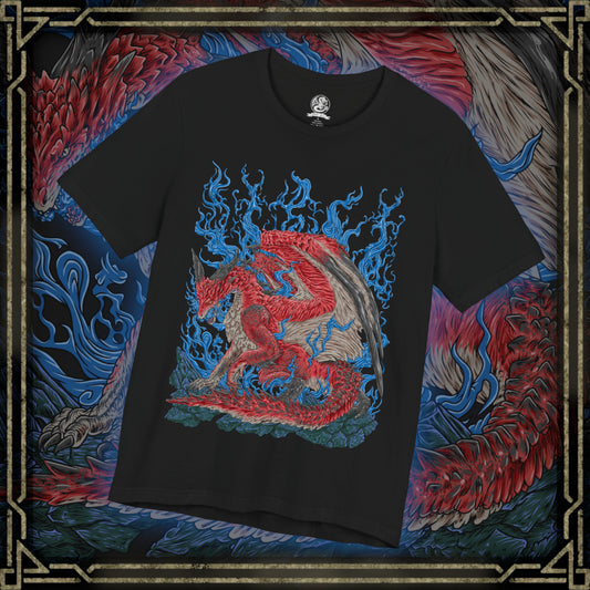 Thumbnail of a T-Shirt design of Safi'jiiva from Monster Hunter World: Iceborne, the massive crimson Elder Dragon standing within the Secluded Valley surrounded by glowing crystals and intense red energy. Safi'jiiva spreads its enormous wings as flames and elemental power gather around its body. The design captures the dragon's overwhelming presence, ancient power, and status as one of the ultimate Elder Dragon hunts.