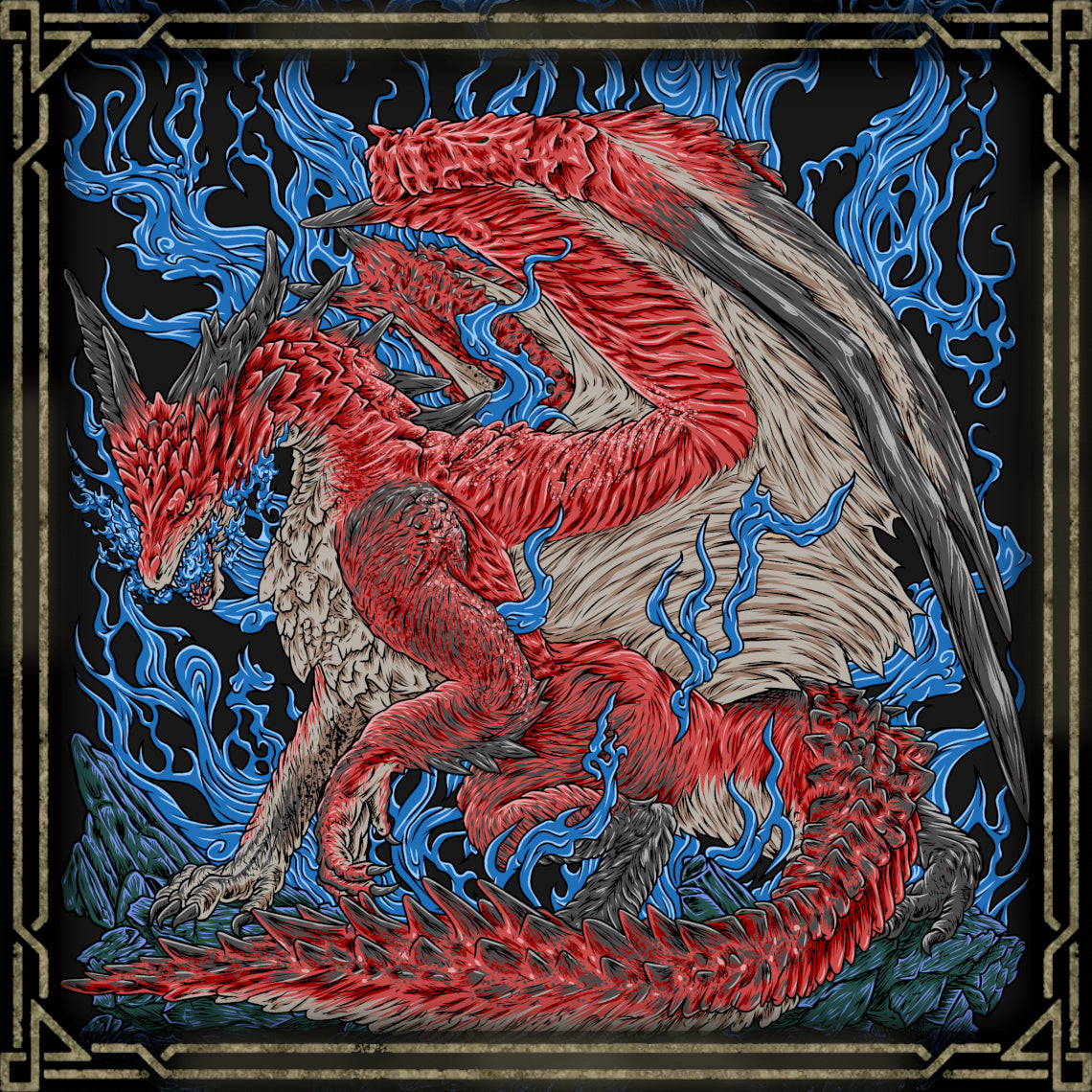 Wallpaper of Safijiiva the Crimson Dragon. Safi'jiiva is the fully matured form of Xeno'jiiva and one of the greatest Elder Dragons faced by hunters in Monster Hunter World: Iceborne. Dwelling beneath the Hoarfrost Reach, the crimson dragon manipulates the energy of the Secluded Valley to heal itself and fuel devastating attacks. Its enormous wings, powerful elemental abilities, and overwhelming strength make the Safi'jiiva Siege one of the most memorable hunts in the New World.