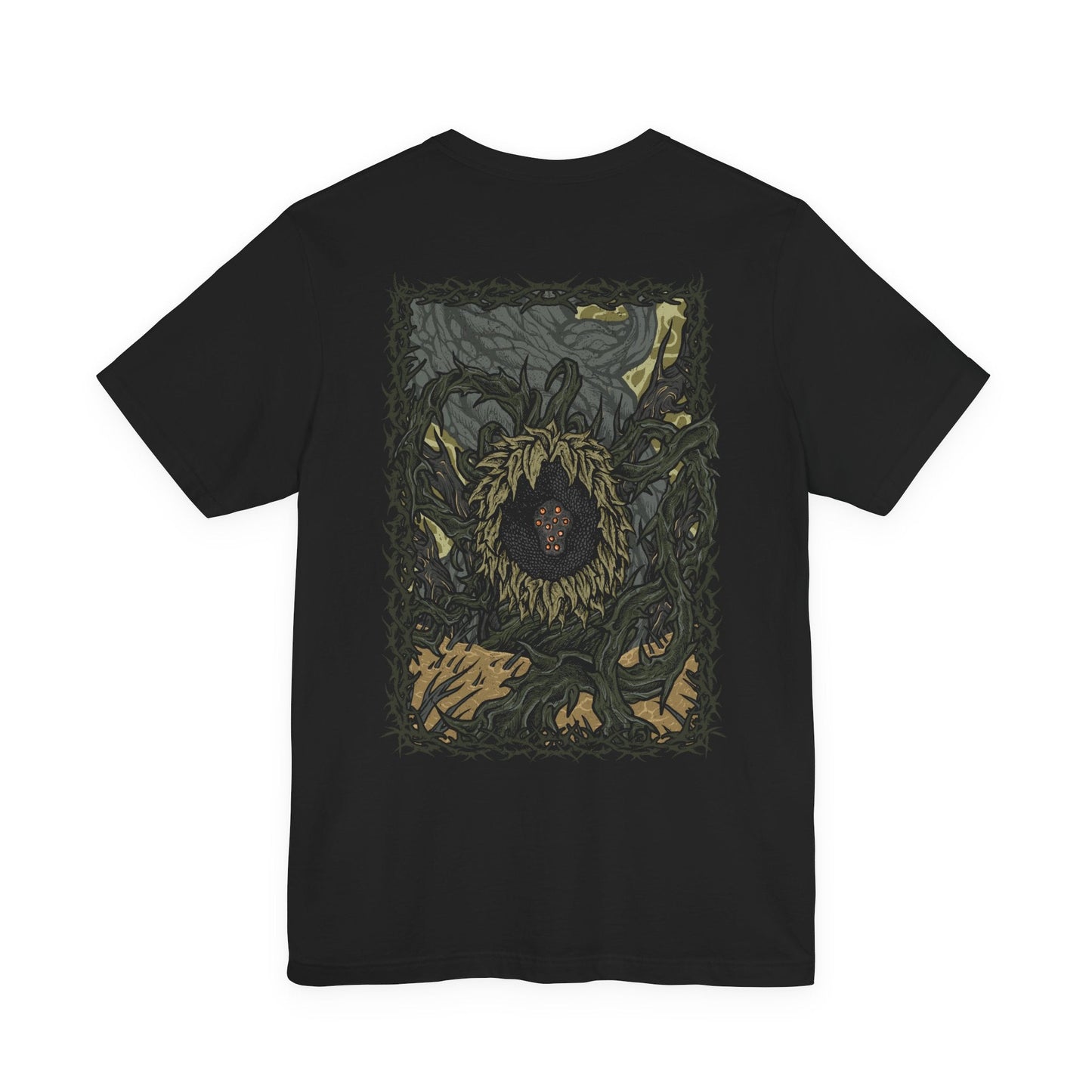 Image 5 of a T-shirt artwork depicting the Scadutree Avatar rising from blackened soil, its massive wooden body etched with glowing sigils and bleeding radiant sap. Surrounded by thorned roots and collapsing stone, the creature embodies the warped holiness of the shadowed realm. This design captures the terrifying majesty of a divine sentinel twisted by decay, faith, and forgotten grace.