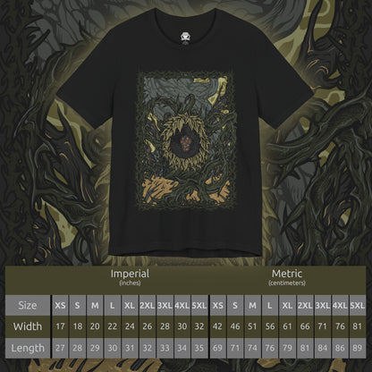 Size chart of a T-shirt artwork depicting the Scadutree Avatar rising from blackened soil, its massive wooden body etched with glowing sigils and bleeding radiant sap. Surrounded by thorned roots and collapsing stone, the creature embodies the warped holiness of the shadowed realm. This design captures the terrifying majesty of a divine sentinel twisted by decay, faith, and forgotten grace.