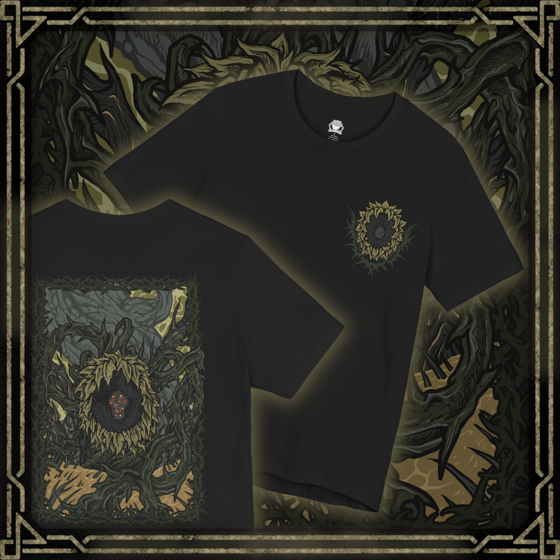 Thumbnail of a T-shirt artwork depicting the Scadutree Avatar rising from blackened soil, its massive wooden body etched with glowing sigils and bleeding radiant sap. Surrounded by thorned roots and collapsing stone, the creature embodies the warped holiness of the shadowed realm. This design captures the terrifying majesty of a divine sentinel twisted by decay, faith, and forgotten grace.
