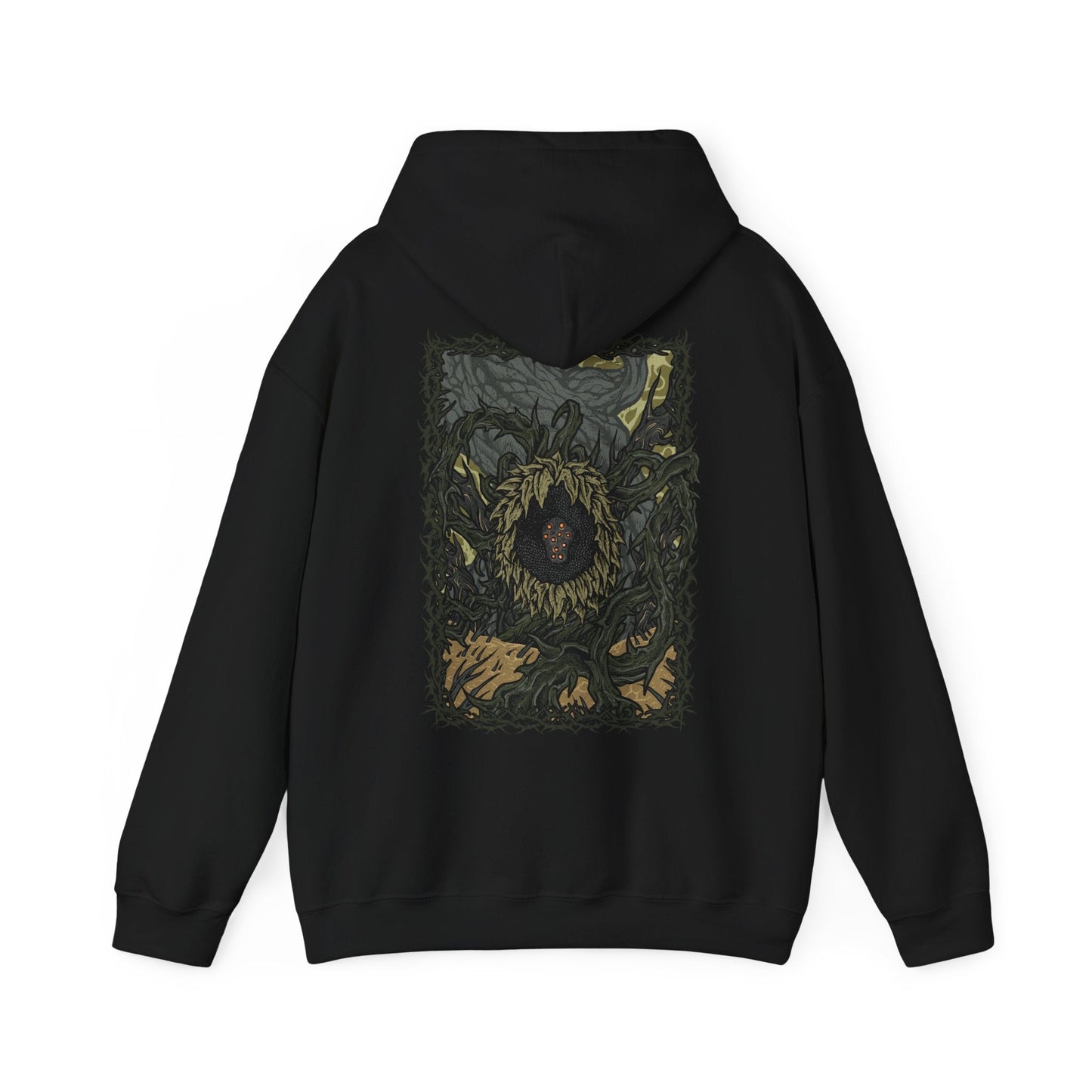 Image 5 of a Hooded Sweatshirt of the Scadutree Avatar looming over a battlefield of shattered ruins, its bark-like flesh cracked with radiant veins while shadow magic coils through its branches. As a guardian born of the Scadutree’s corrupted divinity, it represents the unnatural fusion of sacred order and creeping darkness that defines the Shadow Realm’s apocalyptic landscape.