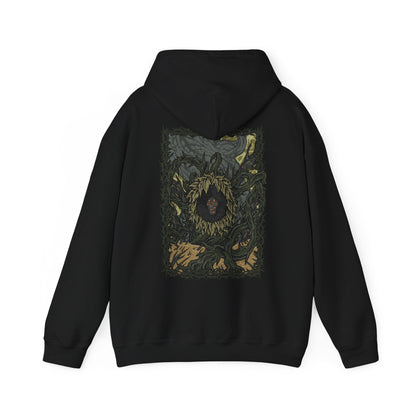 Image 5 of a Hooded Sweatshirt of the Scadutree Avatar looming over a battlefield of shattered ruins, its bark-like flesh cracked with radiant veins while shadow magic coils through its branches. As a guardian born of the Scadutree’s corrupted divinity, it represents the unnatural fusion of sacred order and creeping darkness that defines the Shadow Realm’s apocalyptic landscape.