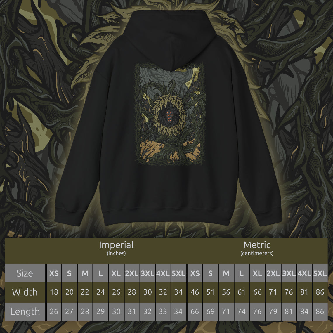 Size chart of a Hooded Sweatshirt of the Scadutree Avatar looming over a battlefield of shattered ruins, its bark-like flesh cracked with radiant veins while shadow magic coils through its branches. As a guardian born of the Scadutree’s corrupted divinity, it represents the unnatural fusion of sacred order and creeping darkness that defines the Shadow Realm’s apocalyptic landscape.