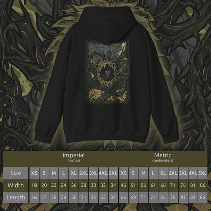 Size chart of a Hooded Sweatshirt of the Scadutree Avatar looming over a battlefield of shattered ruins, its bark-like flesh cracked with radiant veins while shadow magic coils through its branches. As a guardian born of the Scadutree’s corrupted divinity, it represents the unnatural fusion of sacred order and creeping darkness that defines the Shadow Realm’s apocalyptic landscape.