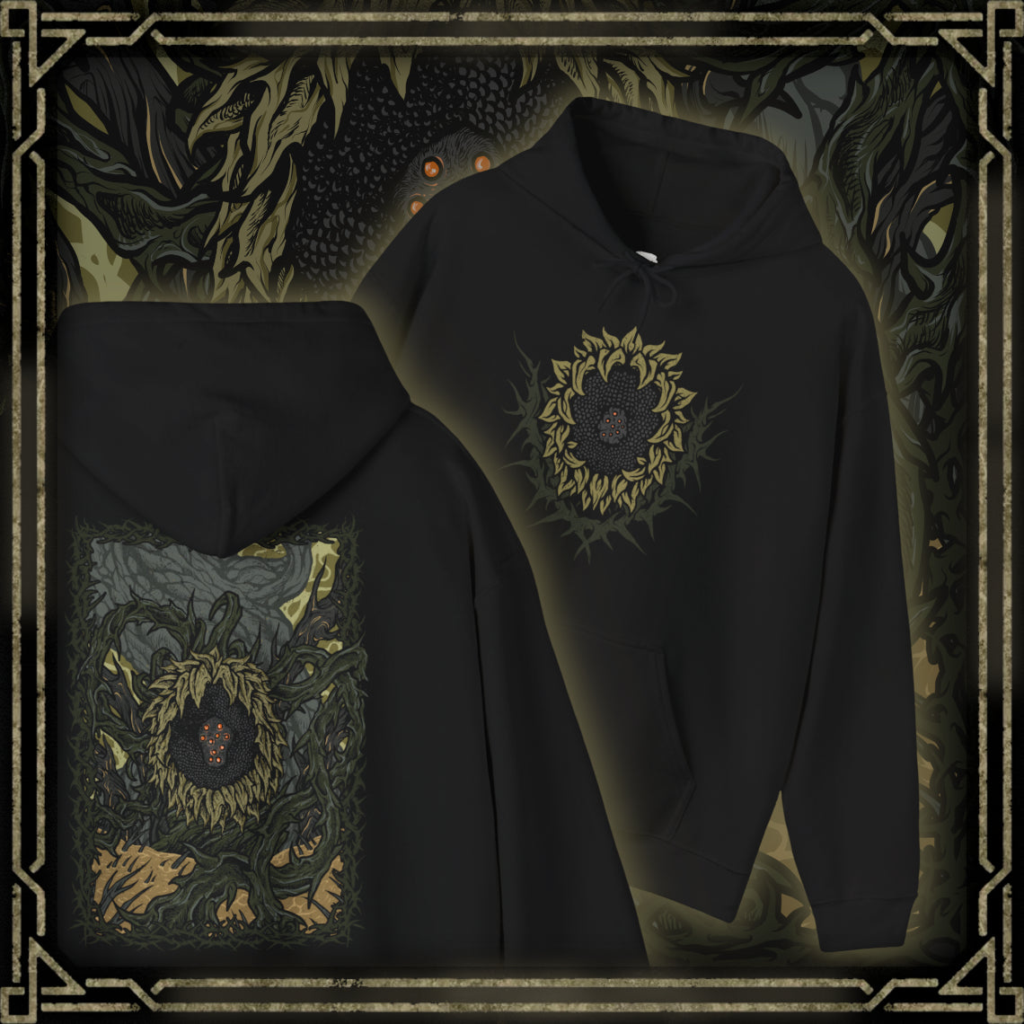Thumbnail of a Hooded Sweatshirt of the Scadutree Avatar looming over a battlefield of shattered ruins, its bark-like flesh cracked with radiant veins while shadow magic coils through its branches. As a guardian born of the Scadutree’s corrupted divinity, it represents the unnatural fusion of sacred order and creeping darkness that defines the Shadow Realm’s apocalyptic landscape.