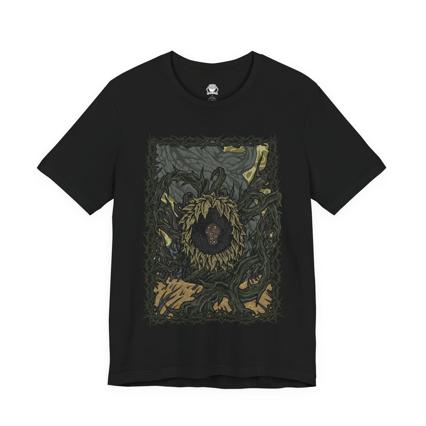 Image 4 of a T-shirt design of the Scadutree Avatar from Elden Ring: Shadow of the Erdtree, towering within the twisted roots of the Scadutree as shadowed light pours from its bark-covered form. Golden sap drips from fractured limbs while holy and abyssal energies clash, reflecting a corrupted divine guardian born from the distorted reflection of the Erdtree.