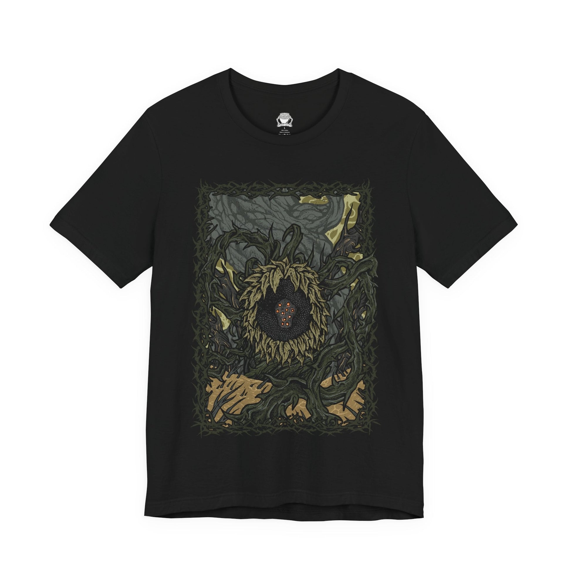 Image 4 of a T-shirt design of the Scadutree Avatar from Elden Ring: Shadow of the Erdtree, towering within the twisted roots of the Scadutree as shadowed light pours from its bark-covered form. Golden sap drips from fractured limbs while holy and abyssal energies clash, reflecting a corrupted divine guardian born from the distorted reflection of the Erdtree.