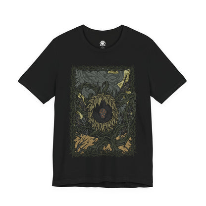 Image 4 of a T-shirt design of the Scadutree Avatar from Elden Ring: Shadow of the Erdtree, towering within the twisted roots of the Scadutree as shadowed light pours from its bark-covered form. Golden sap drips from fractured limbs while holy and abyssal energies clash, reflecting a corrupted divine guardian born from the distorted reflection of the Erdtree.
