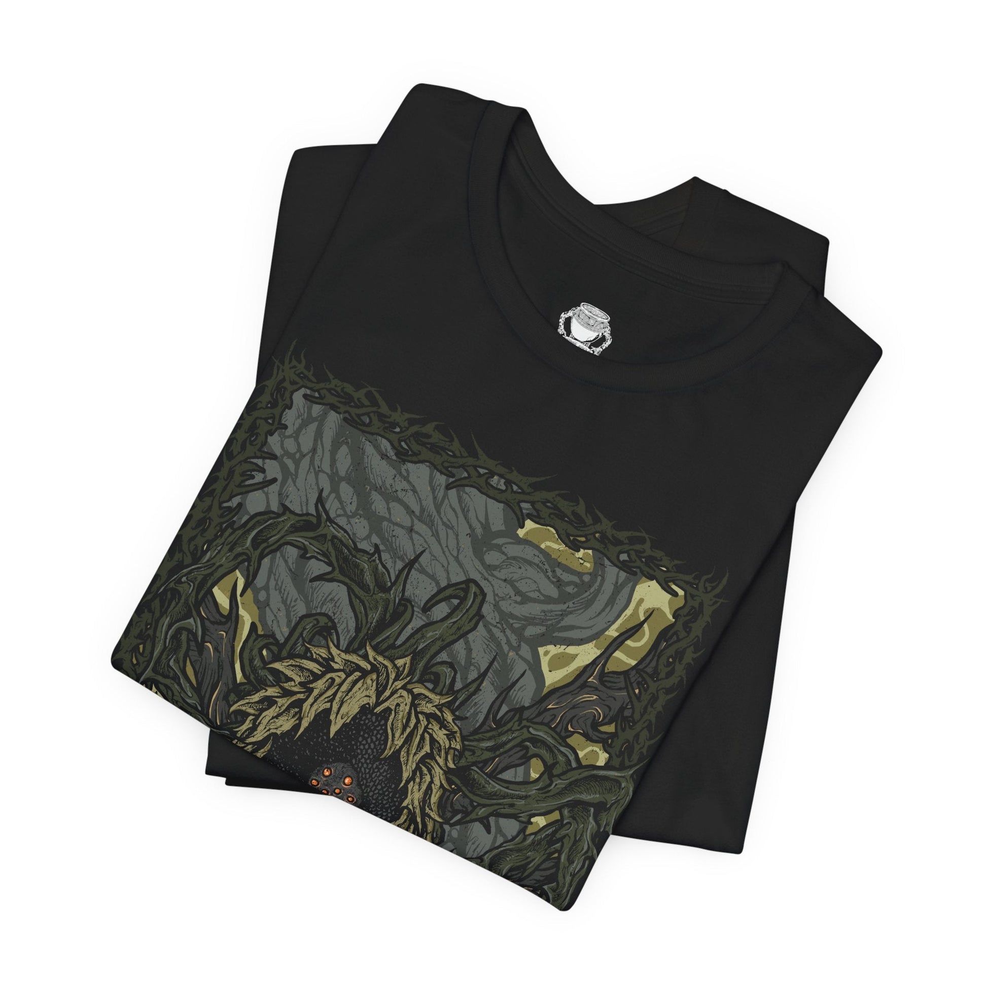 Folded T-shirt design of the Scadutree Avatar from Elden Ring: Shadow of the Erdtree, towering within the twisted roots of the Scadutree as shadowed light pours from its bark-covered form. Golden sap drips from fractured limbs while holy and abyssal energies clash, reflecting a corrupted divine guardian born from the distorted reflection of the Erdtree.
