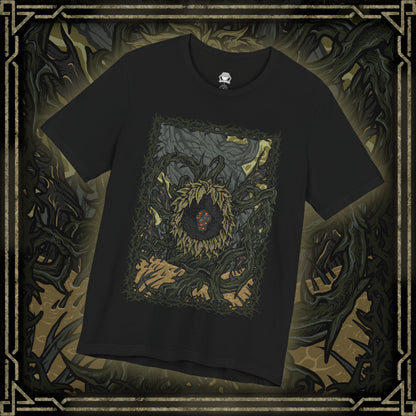 Thumbnail of a T-shirt design of the Scadutree Avatar from Elden Ring: Shadow of the Erdtree, towering within the twisted roots of the Scadutree as shadowed light pours from its bark-covered form. Golden sap drips from fractured limbs while holy and abyssal energies clash, reflecting a corrupted divine guardian born from the distorted reflection of the Erdtree.