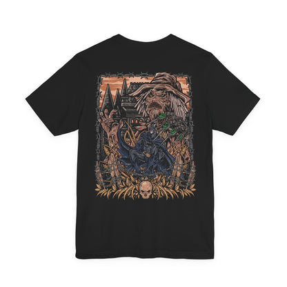 Image 5 of a T-Shirt artwork depicting Batman surrounded by Scarecrow’s fear toxin hallucinations, with monstrous shadows, decaying buildings, and swirling toxic gas consuming Gotham’s streets. Scarecrow watches from the darkness, his syringe glove ready to unleash another dose of terror. This design reflects the mental warfare between hero and villain, where courage is tested against unimaginable nightmares.