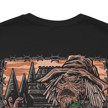 Image 7 of a T-Shirt artwork depicting Batman surrounded by Scarecrow’s fear toxin hallucinations, with monstrous shadows, decaying buildings, and swirling toxic gas consuming Gotham’s streets. Scarecrow watches from the darkness, his syringe glove ready to unleash another dose of terror. This design reflects the mental warfare between hero and villain, where courage is tested against unimaginable nightmares.